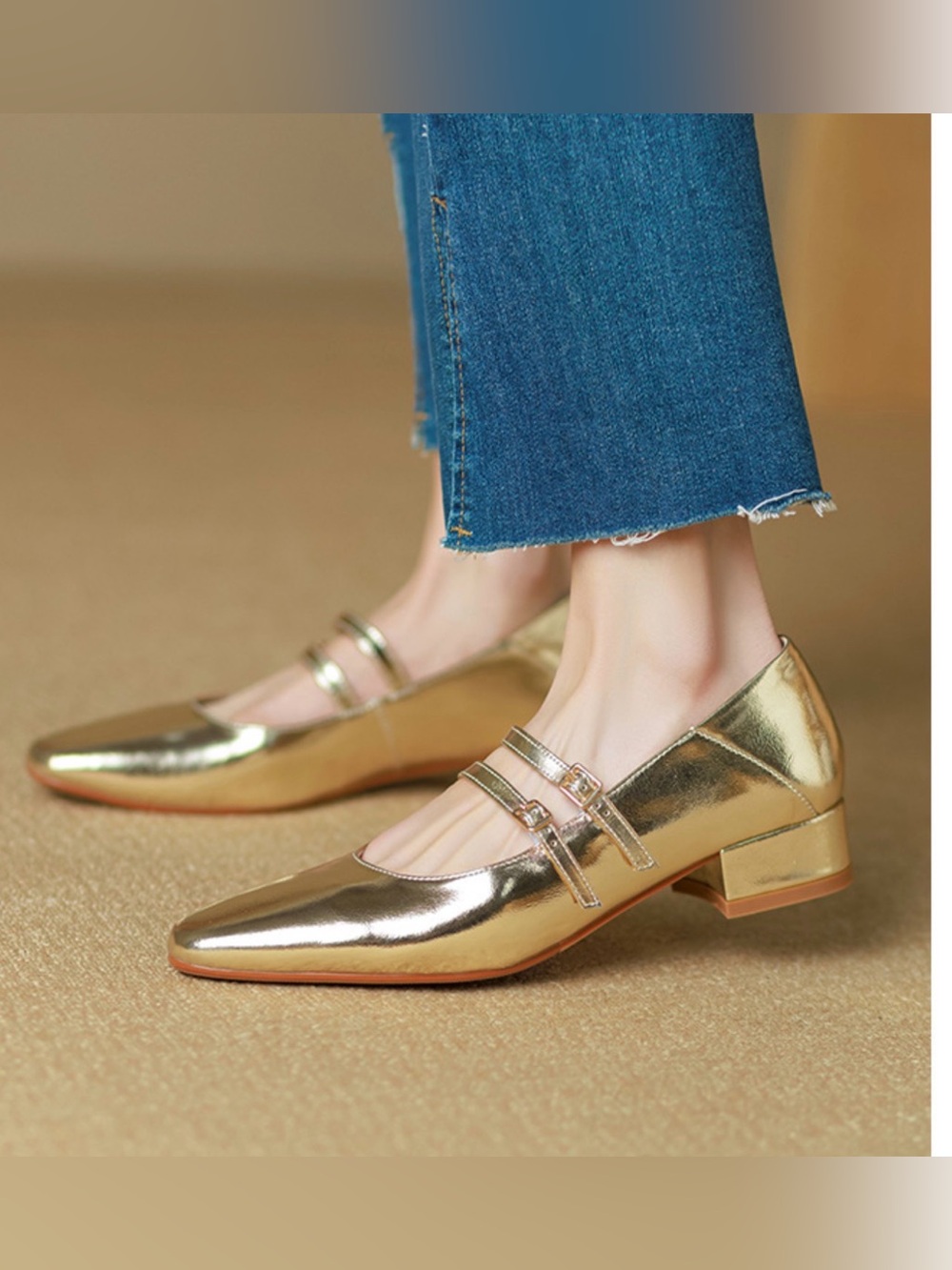 Metallic Gold Double-Strap Mary Jane Flats - Women's